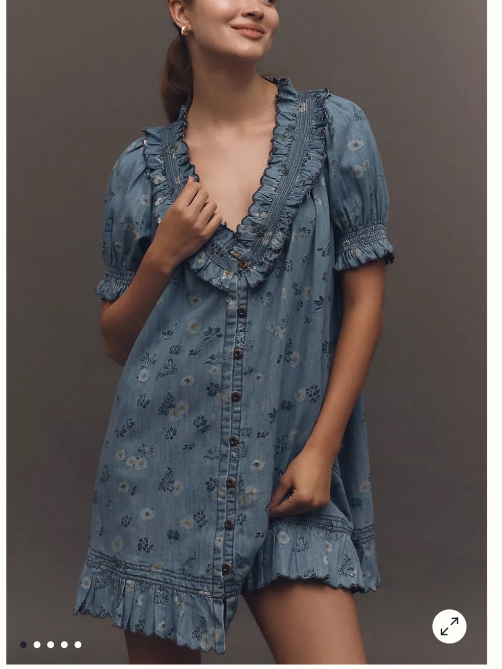 Pilcro Puff-Sleeve Ruffled V-Neck Swing Mini Dress